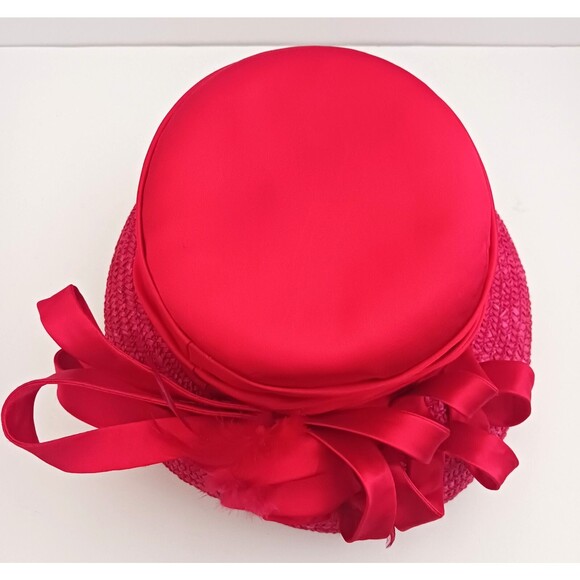 Red Straw Satin Summer Church Hat Lg Red Satin Tied Back Bow Wide Brim Bell